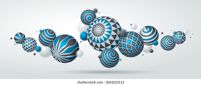 Realistic decorated spheres vector illustration, abstract background with beautiful balls with patterns and depth of field effect, 3D globes design concept art.