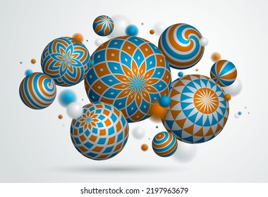 Realistisch dekorierte Kugeln, Vektorgrafik, abstrakter Hintergrund mit schönen Bälle mit Mustern und Tiefe des Feldeffekts, 3D-Globes Design Concept Art.