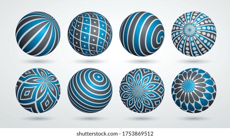 Realistic decorated spheres vector illustrations set, abstract beautiful balls with patterns, 3D globes design concept collection.