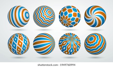 Realistic decorated spheres vector illustrations set, abstract beautiful balls with patterns, 3D globes design concept collection.