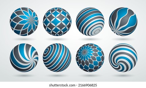 Esferas decoradas realistas ilustraciones vectoriales, abstractas bolas hermosas con patrones, colección de conceptos de diseño de globos 3D.