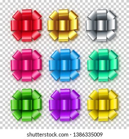 Realistic decoration for competition or achievement congratulation. Beautiful decorative bows from satin tape isolated on transparent background. Bright bows for certificate design vector illustration