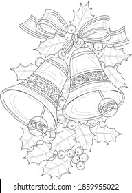 Realistic decorative bells with Christmas berry and leafs sketch template. Cartoon winter vector illustration in black and white for games, background, pattern, decor. Coloring paper, page, story book