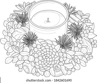 Realistic decorative candle with pine cones and berries sketch template. Cartoon winter, New Year vector illustration in black and white, children's story book, fairytail. Print for fabrics