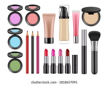 Cosméticos decorativos realistas. Palo de labios, lápices oculares aislados conjunto vectorial