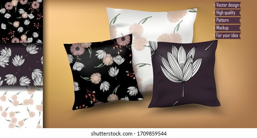 Realistic decorative pillows mockup with patterns. Design pattern with mocup on cushion