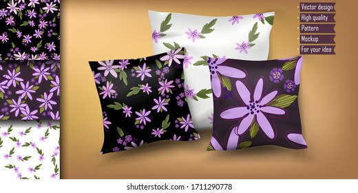 Realistic Decorative Pillows Mockup With Patterns. Design Seamless Flower Pattern With Mocup On Cushion