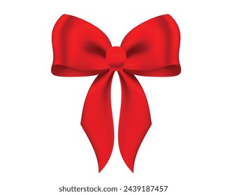 Realistic decorative red bow made of shiny satin ribbon. Vector bow for page decor isolated on white background