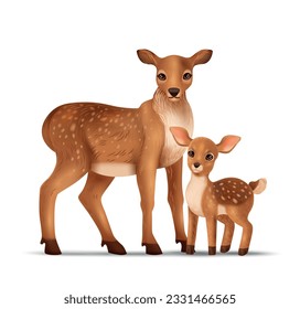 Realistic deers composition with isolated images of adult specimen and joey wild animals on blank background vector illustration