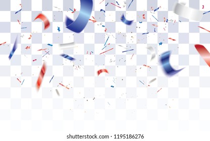 Realistic defocused white,red and blue confetti isolated on checkered transparent background