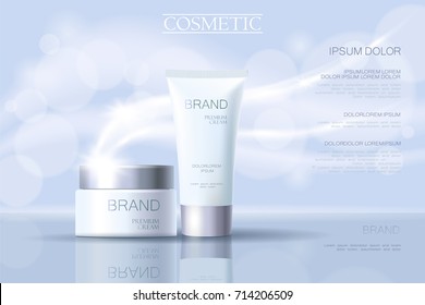 Realistic delicate cosmetic ads banner template. 3d detailed light blue tube metallic silver design commercial promotional element. Defocused blurry glowing wave background vector illustration art