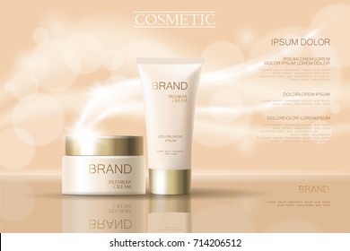 Realistic delicate cosmetic ads banner template. 3d detailed beige tube golden design commercial promotional element. Defocused blurry glowing wave background vector illustration art