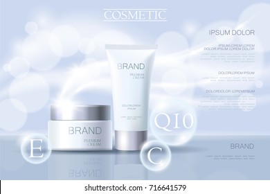 Realistic delicate cosmetic ads banner template. 3d detailed light blue tube metallic silver design commercial promotional element. Defocused blurry glowing wave background vector illustration