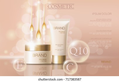 Realistic delicate cosmetic ads banner template. 3d detailed beige tube golden design commercial promotional element. Defocused essential oil drop wave background vector illustration