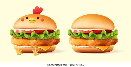 Realistic delicious 3d illustration chicken burgers isolated on beige background