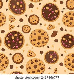 Realistic delicious bakery products seamless pattern. Cream cookies background
