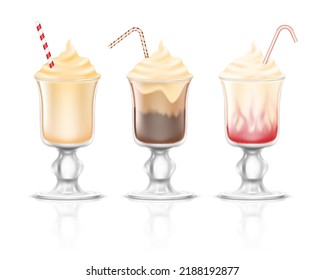 Realistic delicious milkshakes in glasses with straws. Sweet cold tasty beverages cocktails with caramel, chocolate, fruits, berries, whipped cream. Set of dessert drinks. Vector illustration