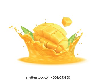 Realistic delicious sliced mango in juice splashes vector illustration