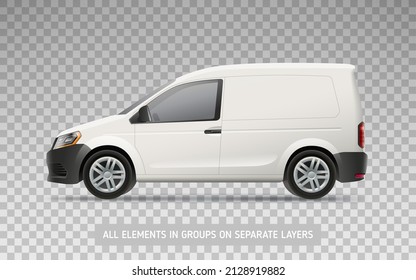 Realistic Delivery Van mockup on transparent layer for branding design and corporate identity company. Vector side view Company Van. Corporate transport