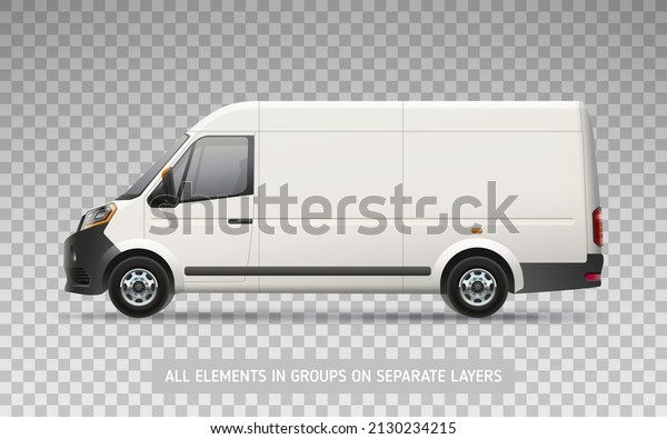 Realistic Delivery Van mockup on\
transparent layer for branding design and corporate identity\
company. Vector side view Company Freight Van. Corporate\
transport
