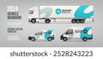 Realistic Delivery Van, Trailer Truck, Car mockup with abstract branding and corporate identity. Abstract background of blue and grey stripes on delivery vehicle for AD banner. Vehicle branding livery