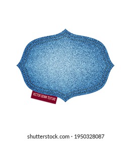 Realistic Denim frame shape with stitch. Vector isolated illustration. All over jeans pattern fabric cloth. Modern Fashion Textile patch on white background.
