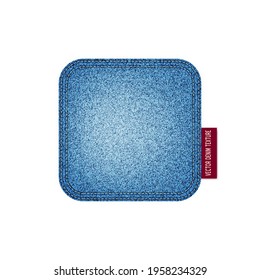 Realistic Denim square shape with stitch. Vector isolated illustration. All over jeans pattern fabric cloth. Modern Fashion Textile patch on white background.