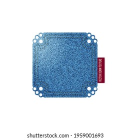 Realistic Denim square shape with stitch and lace. Vector isolated illustration. All over jeans pattern fabric cloth. Modern Fashion Textile patch on white background.