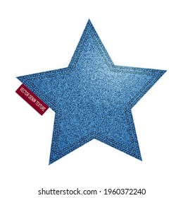 Realistic Denim star shape with stitch. Vector isolated illustration. All over jeans pattern fabric cloth. Modern Fashion Textile patch on white background.