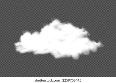 Realistic dense cloud vector design on a dark background. Cloud floating design for sky or storm weather concept. Smoke or fog vector for template decoration, on a transparent background.