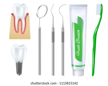 Realistic dental set of toothbrush toothpaste tube denture on implant base and medical tools for teeth treatment vector illustration