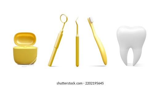Realistic dental tools isolated on white background. Concept of teeth dental care. Vector illustration