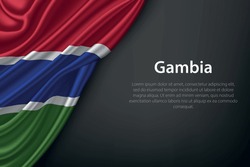 Realistic depiction of the Gambia flag with flowing texture on a dark background.