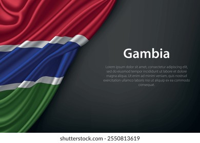 Representación realista de la bandera de Gambia con textura fluida sobre un fondo oscuro.