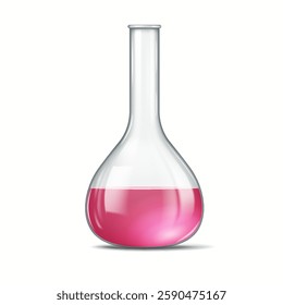 Realistic depiction of a glass flask containing pink liquid isolated on a white background. Ideal for illustrating scientific and educational concepts.