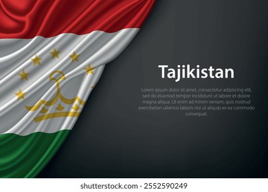 Representação realista da bandeira do Tajiquistão com textura fluindo em um fundo escuro