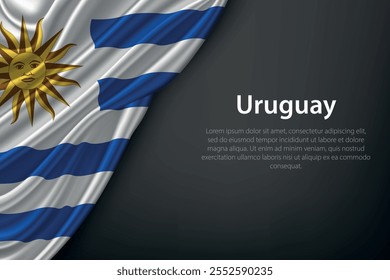 Realistic depiction of the Uruguay flag with flowing texture on a dark background