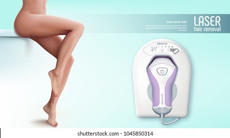 Realistic depilation laser hair removal woman composition with tool and women's legs vector illustration