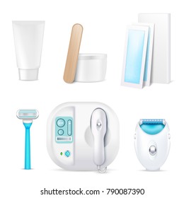 Realistic depilation set of various hair removal methods isolated on white background vector illustration