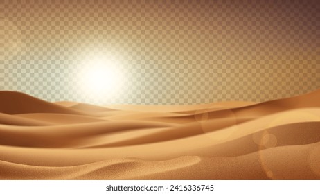 Realistic desert landscape isolated on checkered background. Beautiful view on realistic sand dunes. 3d vector illustration of sandy desert with sunset or sunrise. Template of decoration summer events