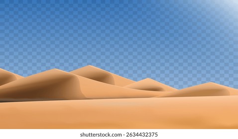 Realistic desert landscape isolated on transparent background. Sandy desert dunes. Vector