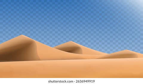 Realistic desert landscape isolated on transparent background. Sandy desert dunes. Vector
