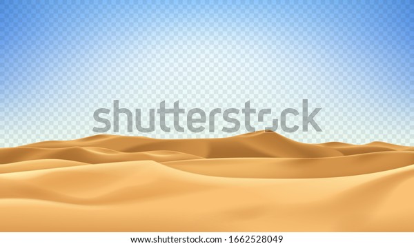 Realistic desert landscape isolated on checkered\
background. Beautiful view on realistic sand dunes. 3d vector\
illustration of sandy\
desert.