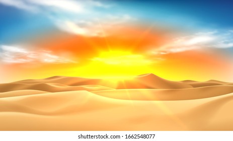 Realistic desert landscape with sunset. Beautiful view on realistic sand dunes with sunset. 3d vector illustration of sandy desert.