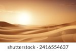 Realistic desert landscape with sunshine. Beautiful view on realistic sand dunes with sunset or sunrise. 3d vector illustration of sandy desert. Template of decoration summer events, sale.