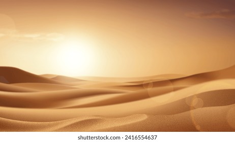 Realistic desert landscape with sunshine. Beautiful view on realistic sand dunes with sunset or sunrise. 3d vector illustration of sandy desert. Template of decoration summer events, sale.