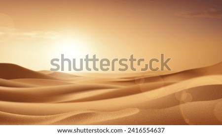 Realistic desert landscape with sunshine. Beautiful view on realistic sand dunes with sunset or sunrise. 3d vector illustration of sandy desert. Template of decoration summer events, sale.