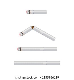 Realistic design of 4 various sizes of white cigarette. Burning, no burning and broken 3d design style vector illustration isolated on white background.