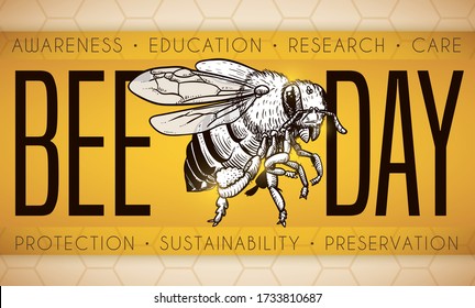 Realistic design of a bee in hand drawn style over label with some precepts to celebrate Bee Day: awareness, education, care, protection, sustainability and preservation.