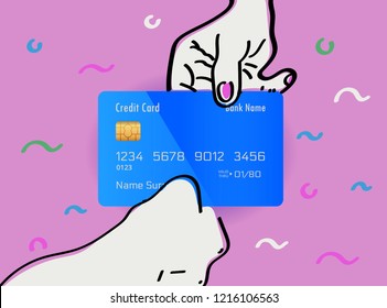 Realistic design blue credit card with cartoon woman's hands. Pink abstract 80's vector background with blue, green, pink and white vector lines.